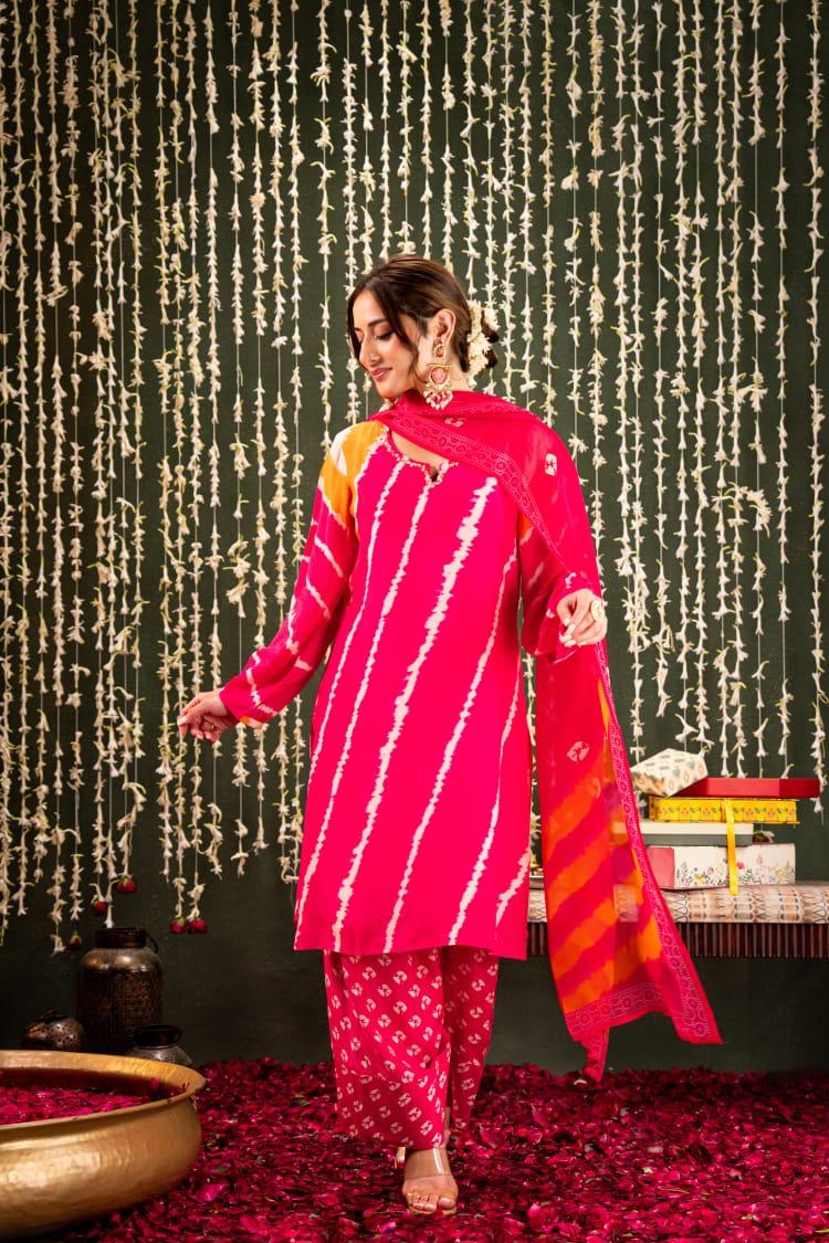 Hot pink lehriya with bandani pure mul silk with farshi salwar three piece set (A601)