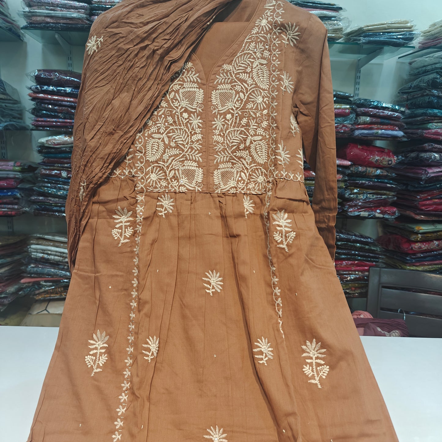 Brown A line with lining fully chikankari three piece set (P2255)