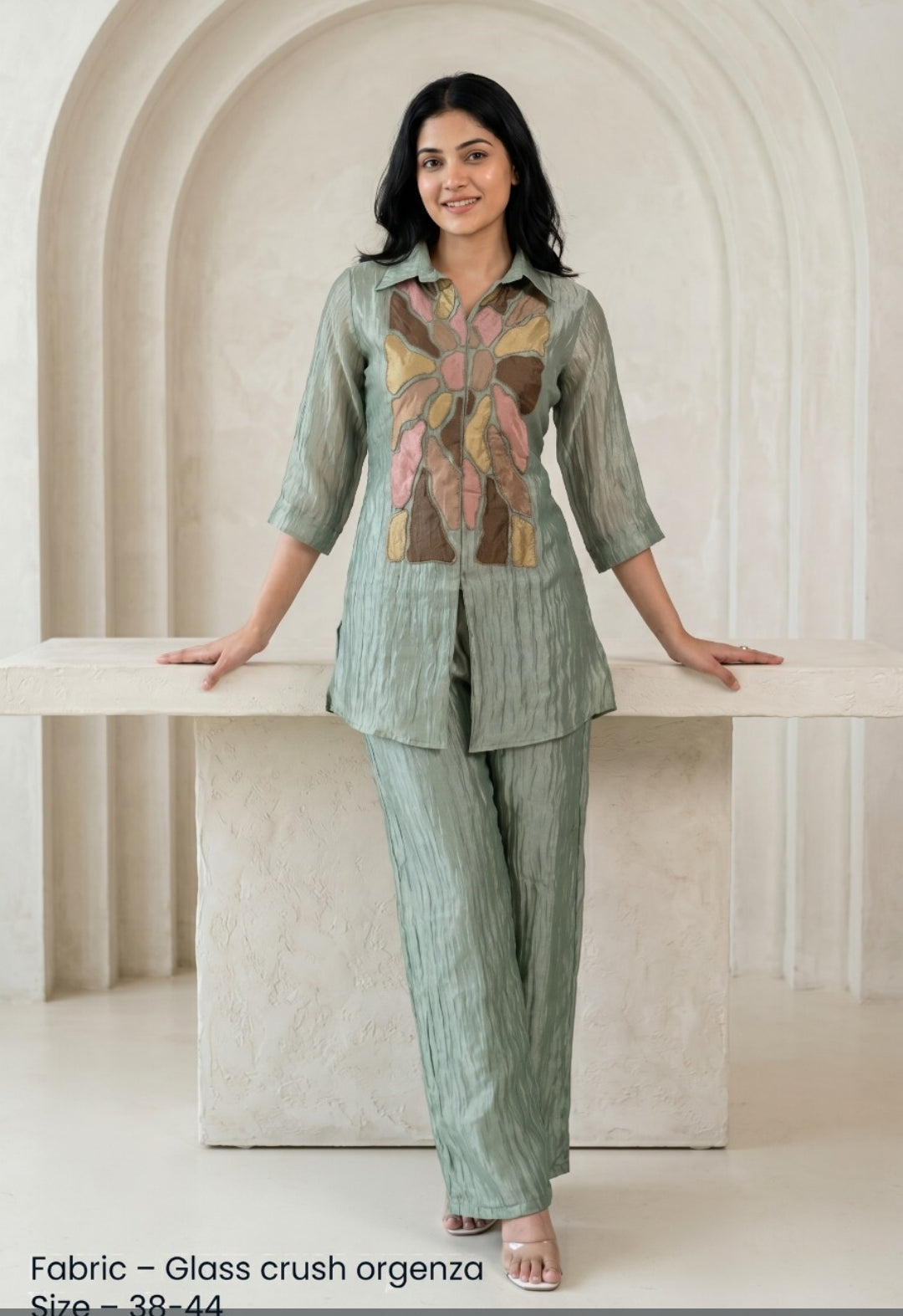 Glass crush organza with mul lining both bottom and top smart two piece cordset (B987)