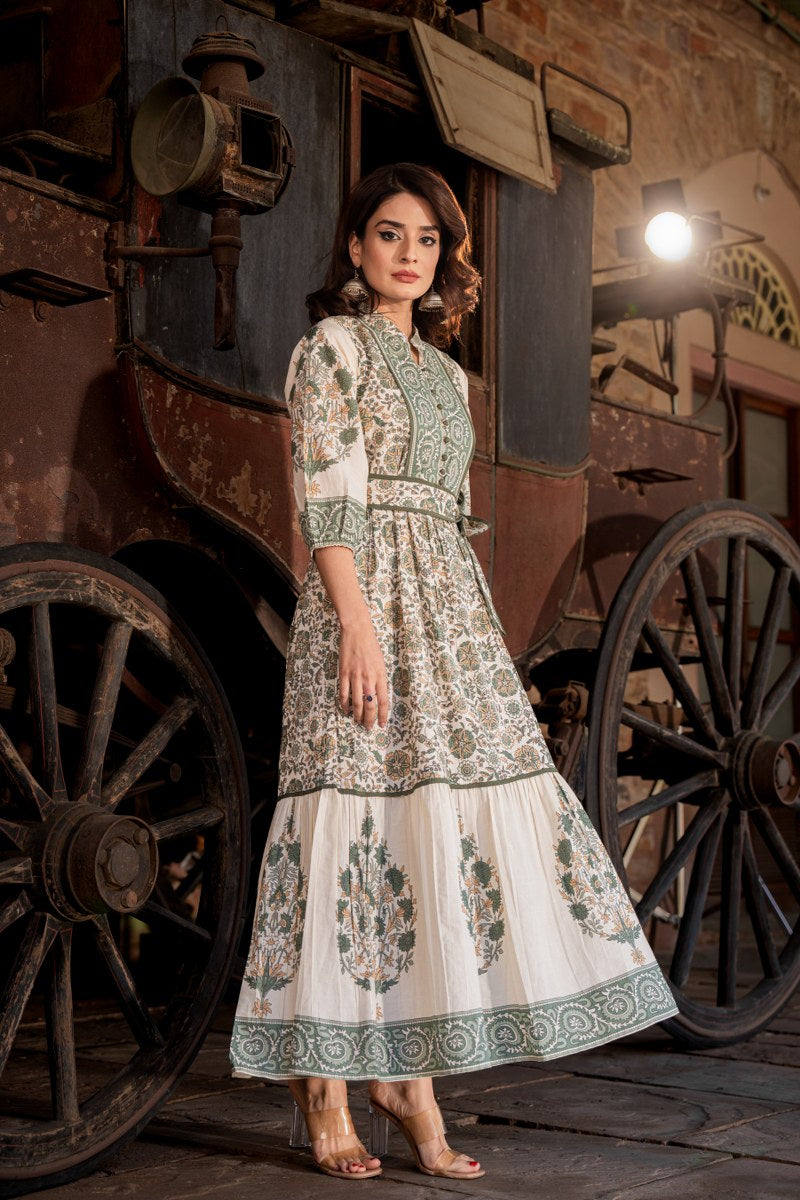 Sea green block print pure cotton with lining one piece dress