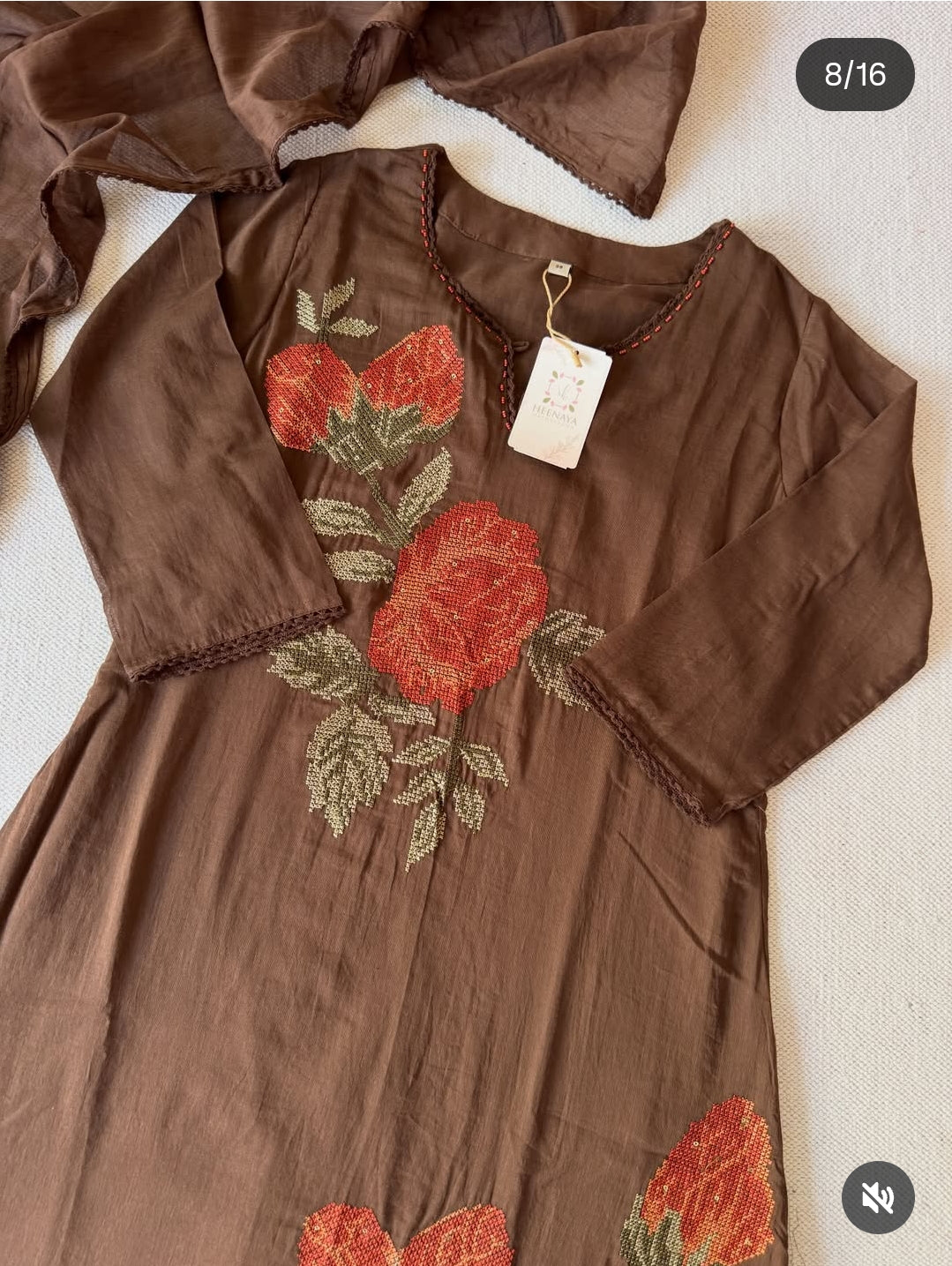 Brown mul cotton with full cross stitch work A line pattern three piece set (B324)