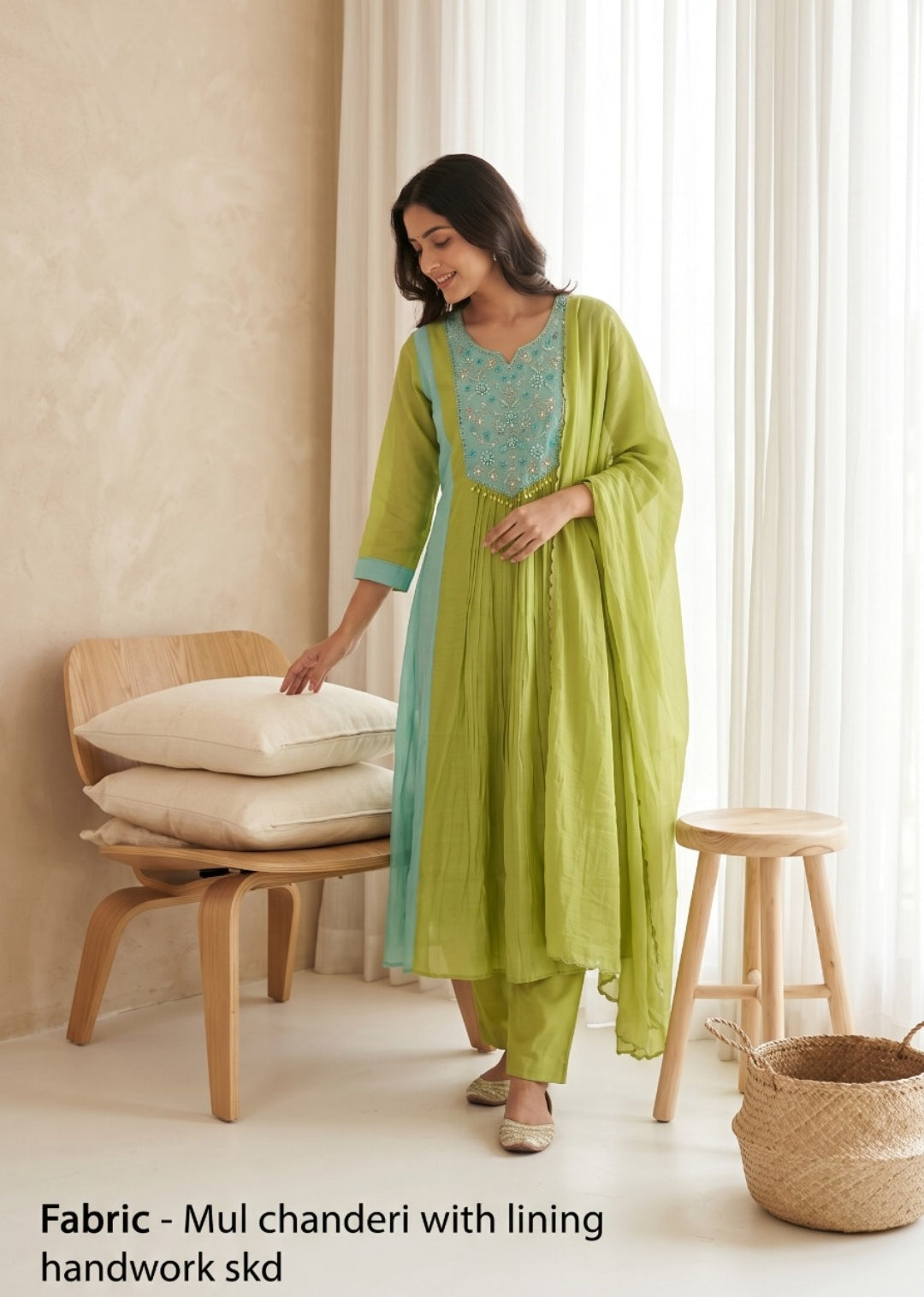 Mul chanderi with hand work three piece set (B1044)