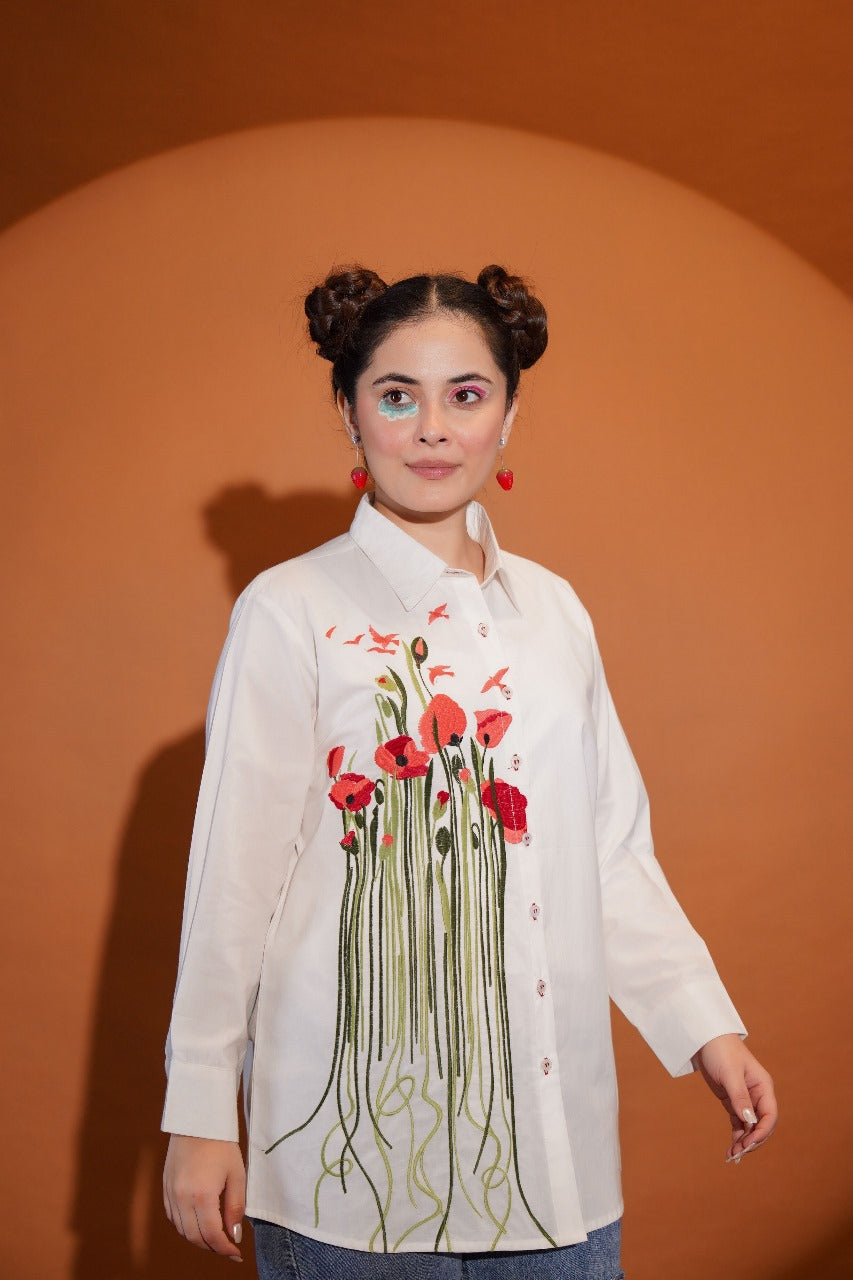 Pure cotton white shirt with fully thread work (P2183)