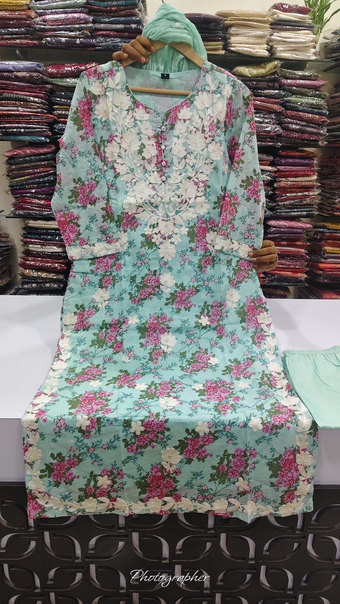 Powder blue mul cotton with chikankari three piece set (C185)