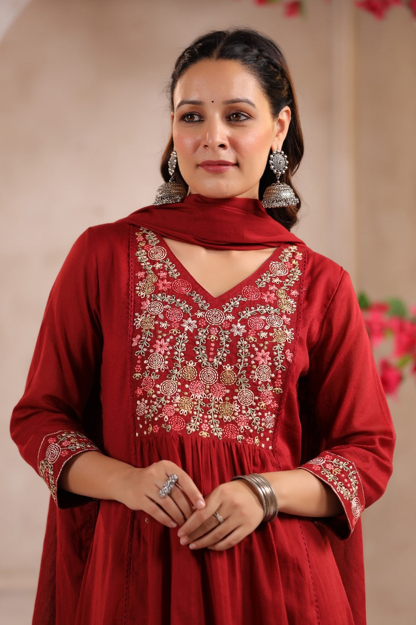 Mahroon mul cotton with lining full thread work three piece set (A433)