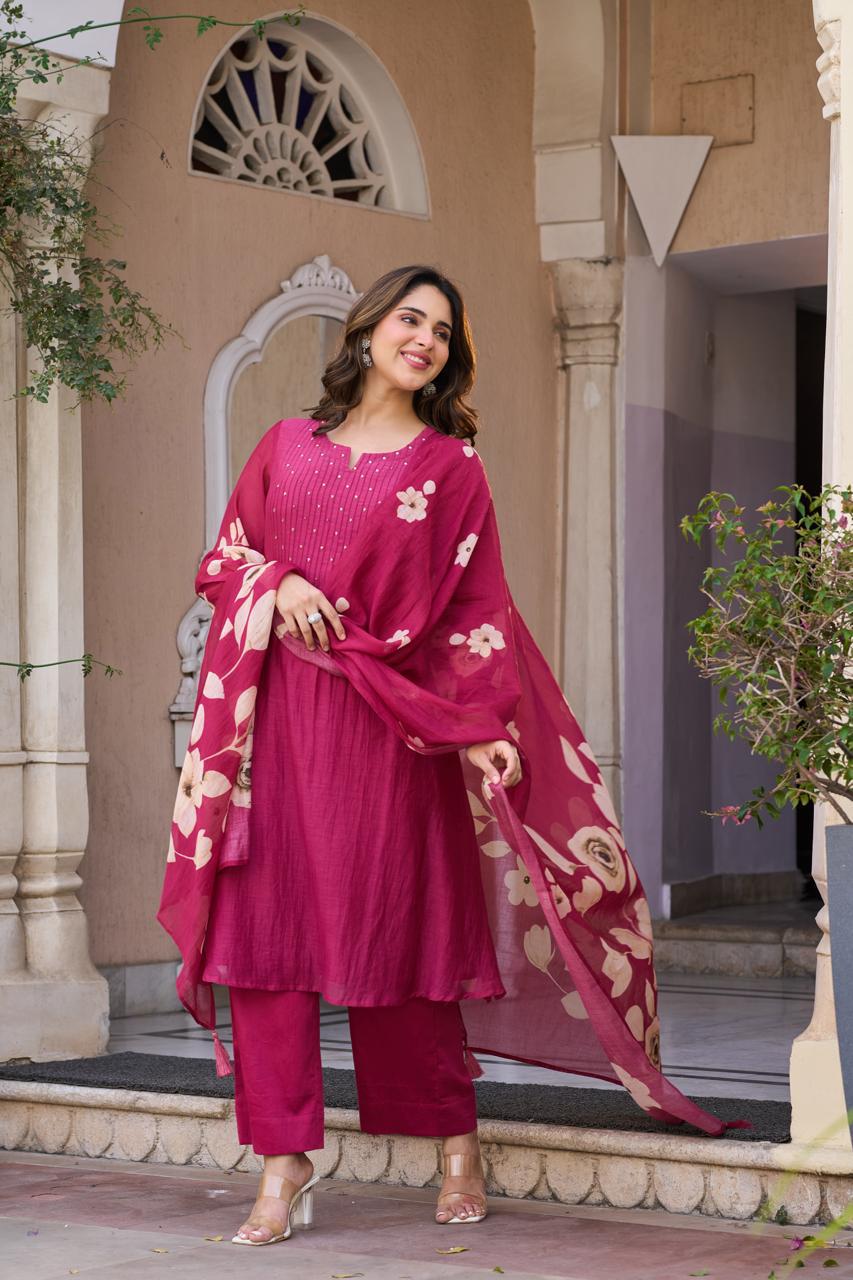 Pure mul chanderi with digital print duptta three piece set (B387)