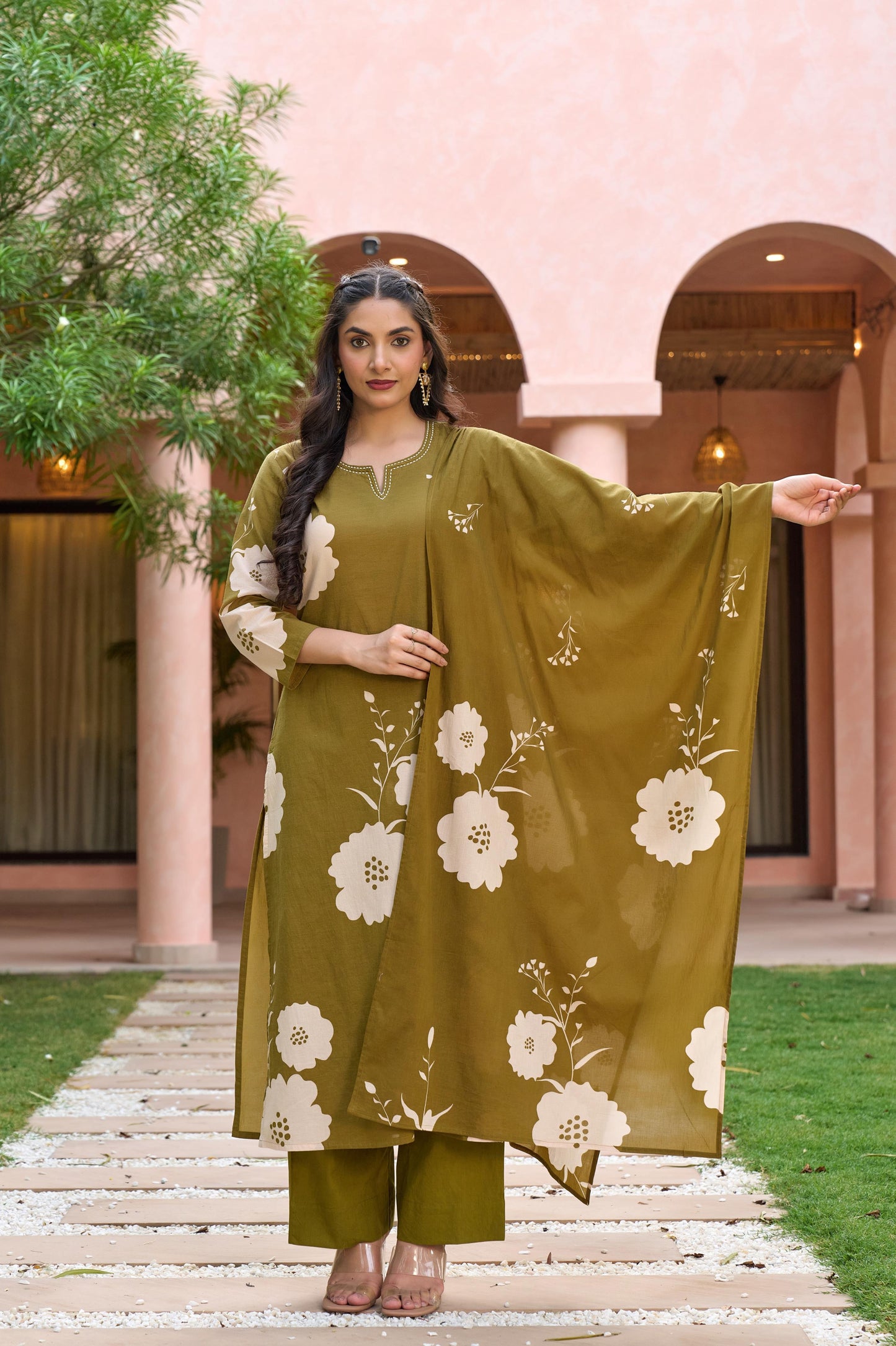 Green pure cotton digital print three piece set (A438)