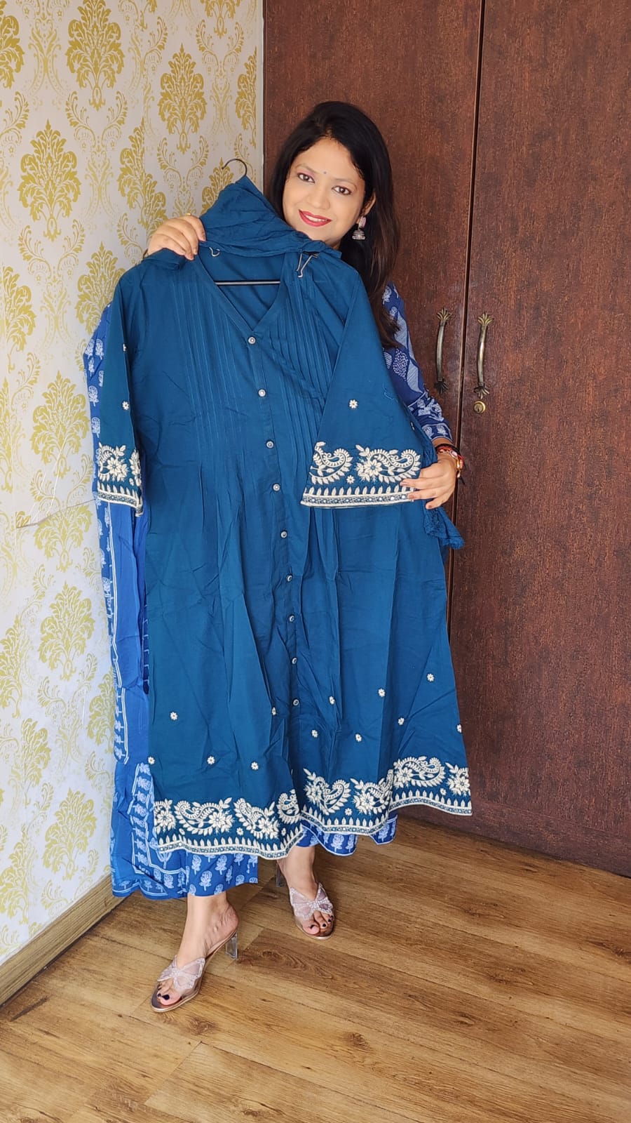 Blue pure cotton embroidered three piece set (P1950)
