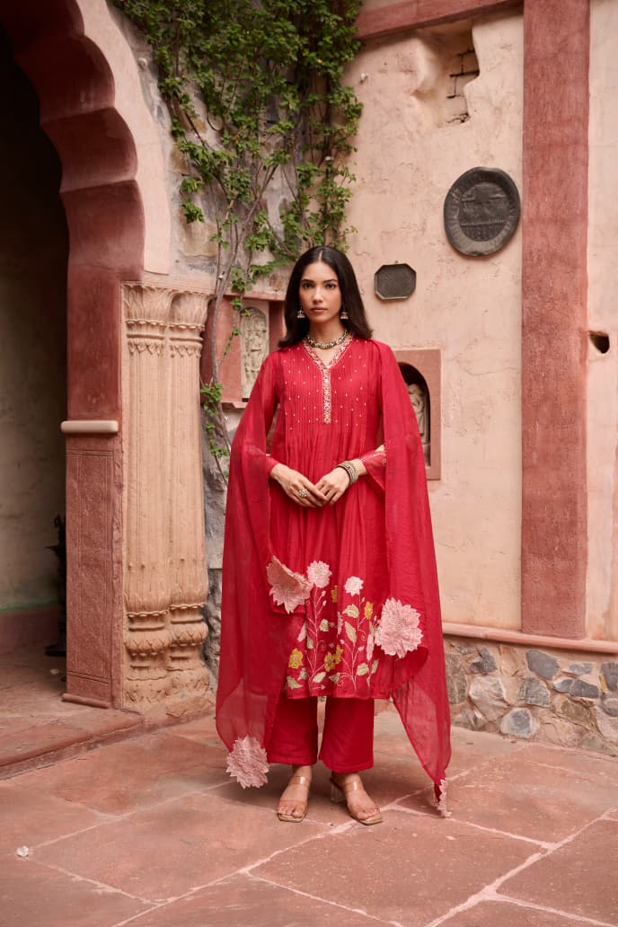 Hot pink mul chanderi with tissue flower three piece set (A815)