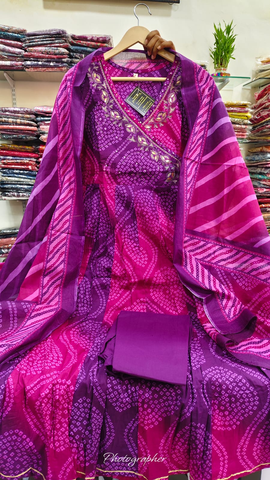Purple with pink Angrakha pattern pure cotton three piece set (A1079)
