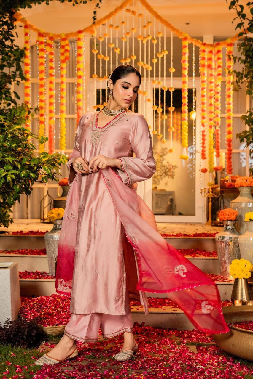 Pink pure dola silk three piece set (A1096)