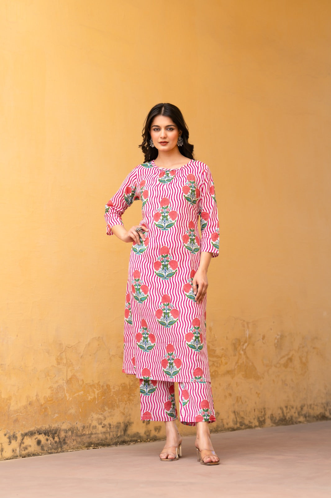 Pink tropical print pure cotton two piece set (P2101)