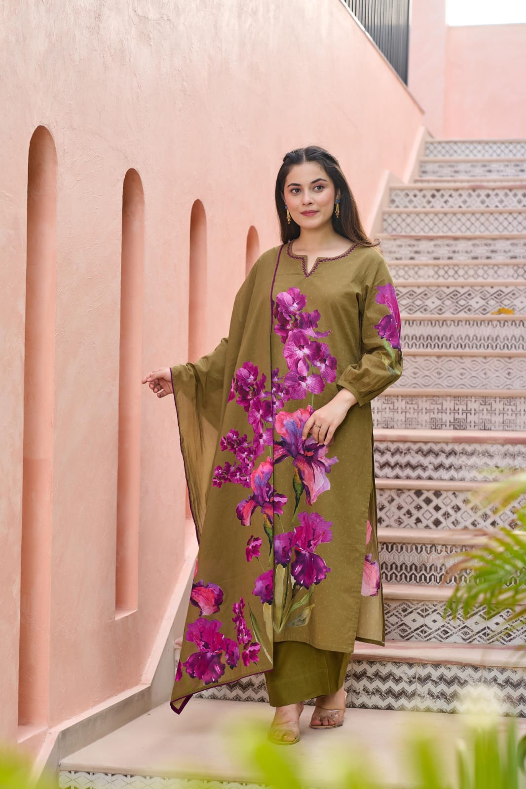Green pure cotton digital print three piece set (A479)