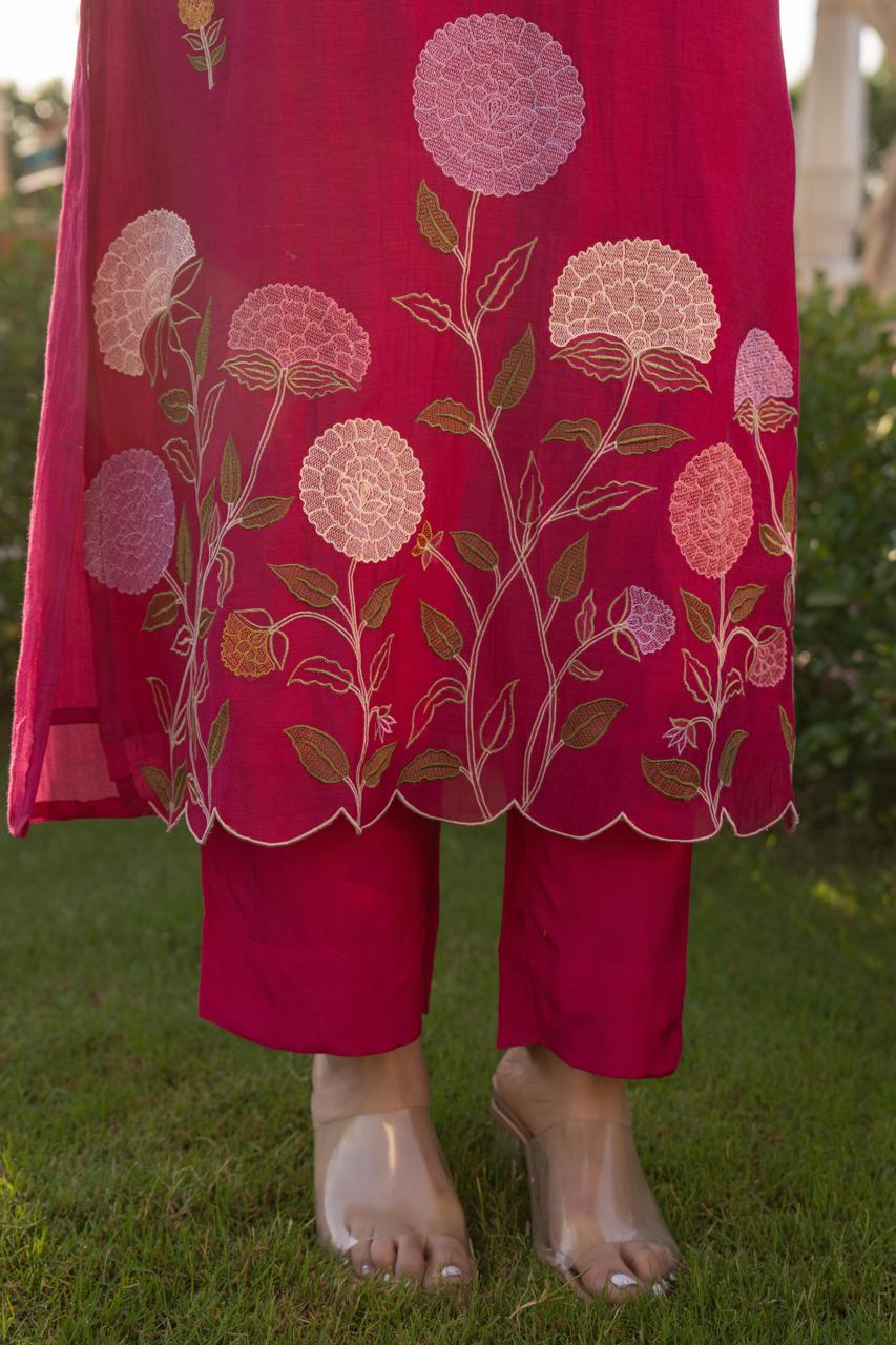 Wine pure mul chanderi with mul lining full thread work pakistani sleeves three piece set (P2164)