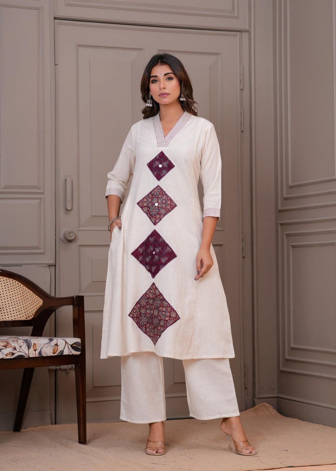 Off white with applique work two piece cordset (P2082)