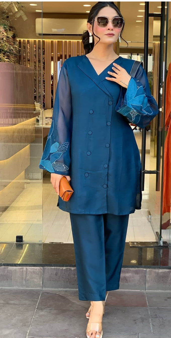 Blue pure dola silk with stylish organza sleeves with mul lining party wear cordset (P2087)