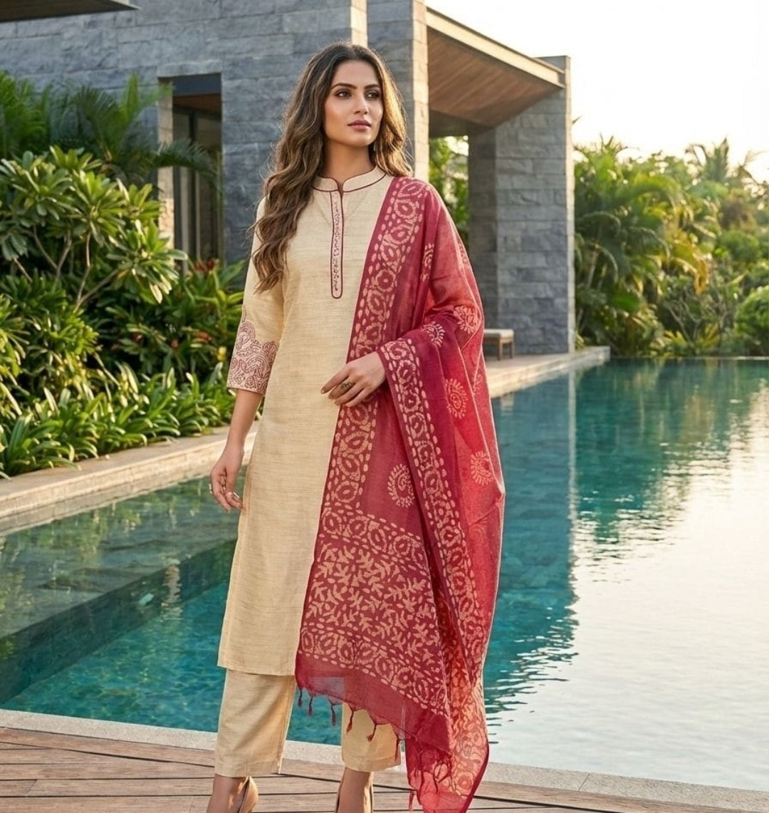 Jamdani with block dupatta Designer three piece set (A1831)