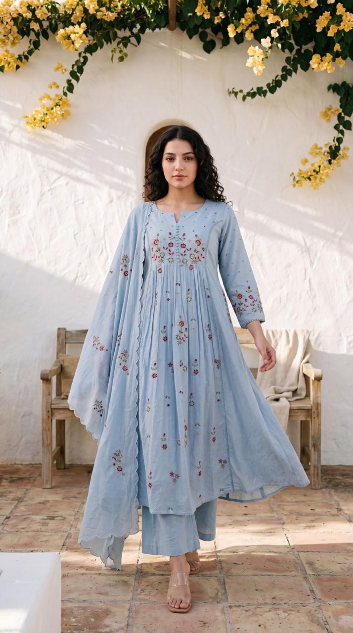 Dobby cotton with lining full thread work three piece set (B709)