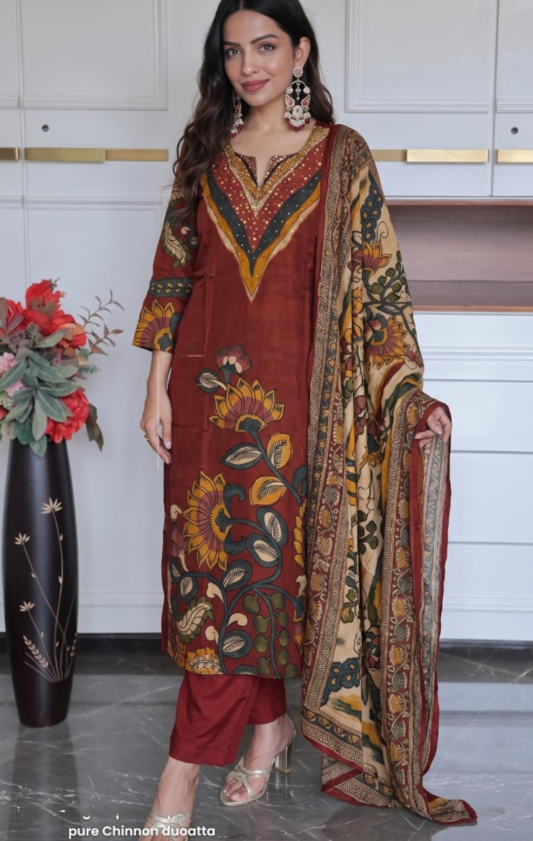 Pure crape with digital print chinnon dupatta three piece set (C762)