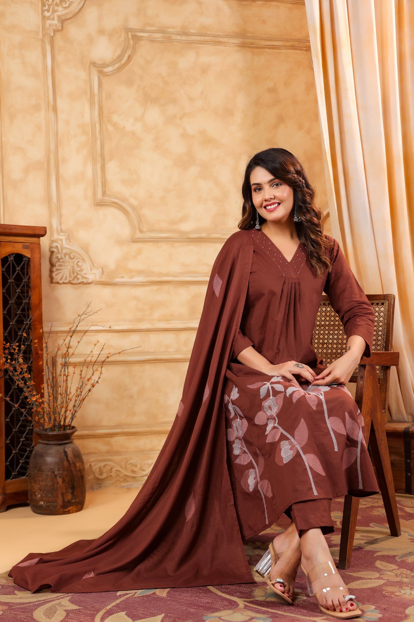 Brown pure cotton weaved three piece set (P2340)