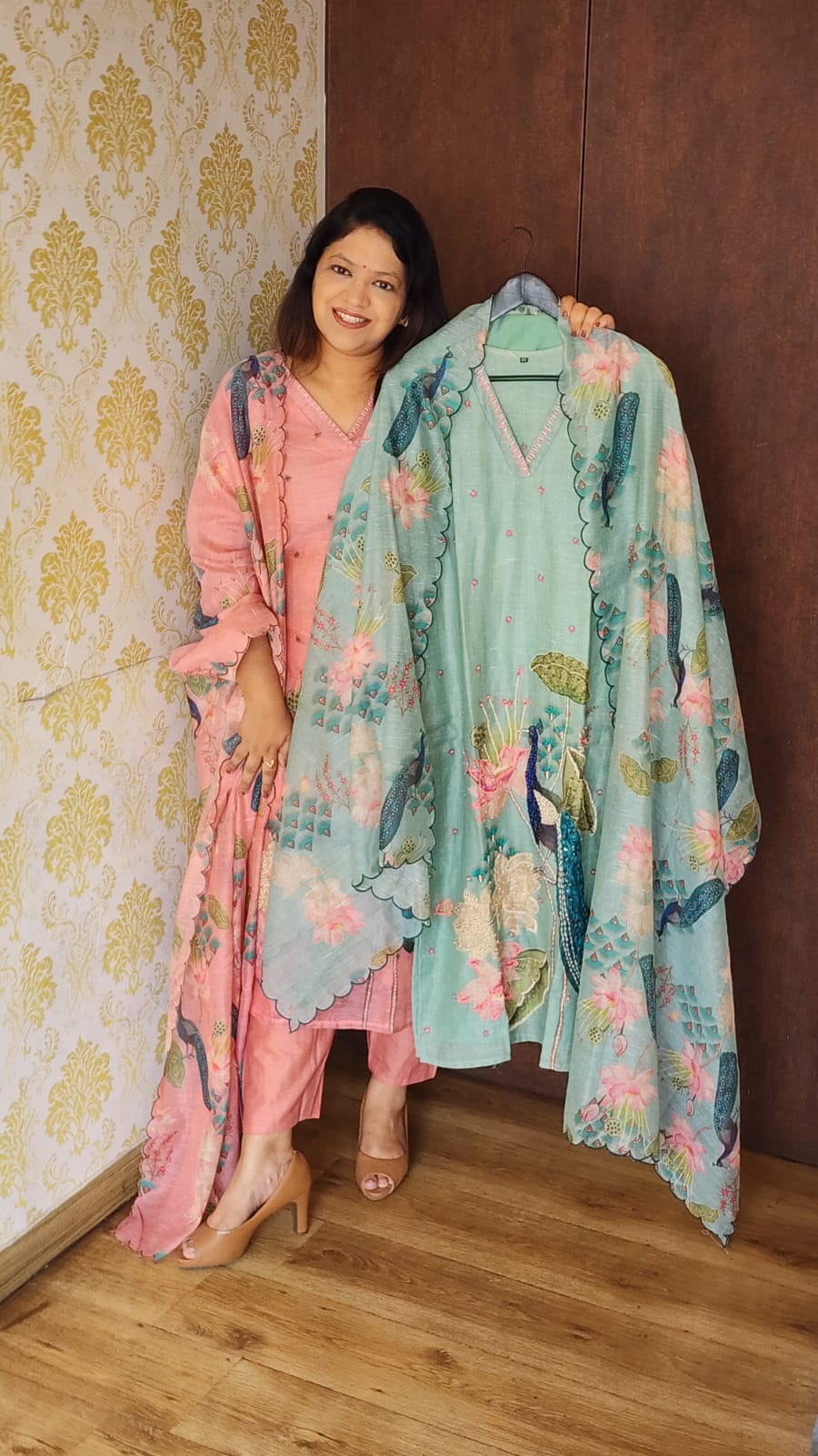 Light blue pure cotton chanderi with full gitten work three piece set (P1468)