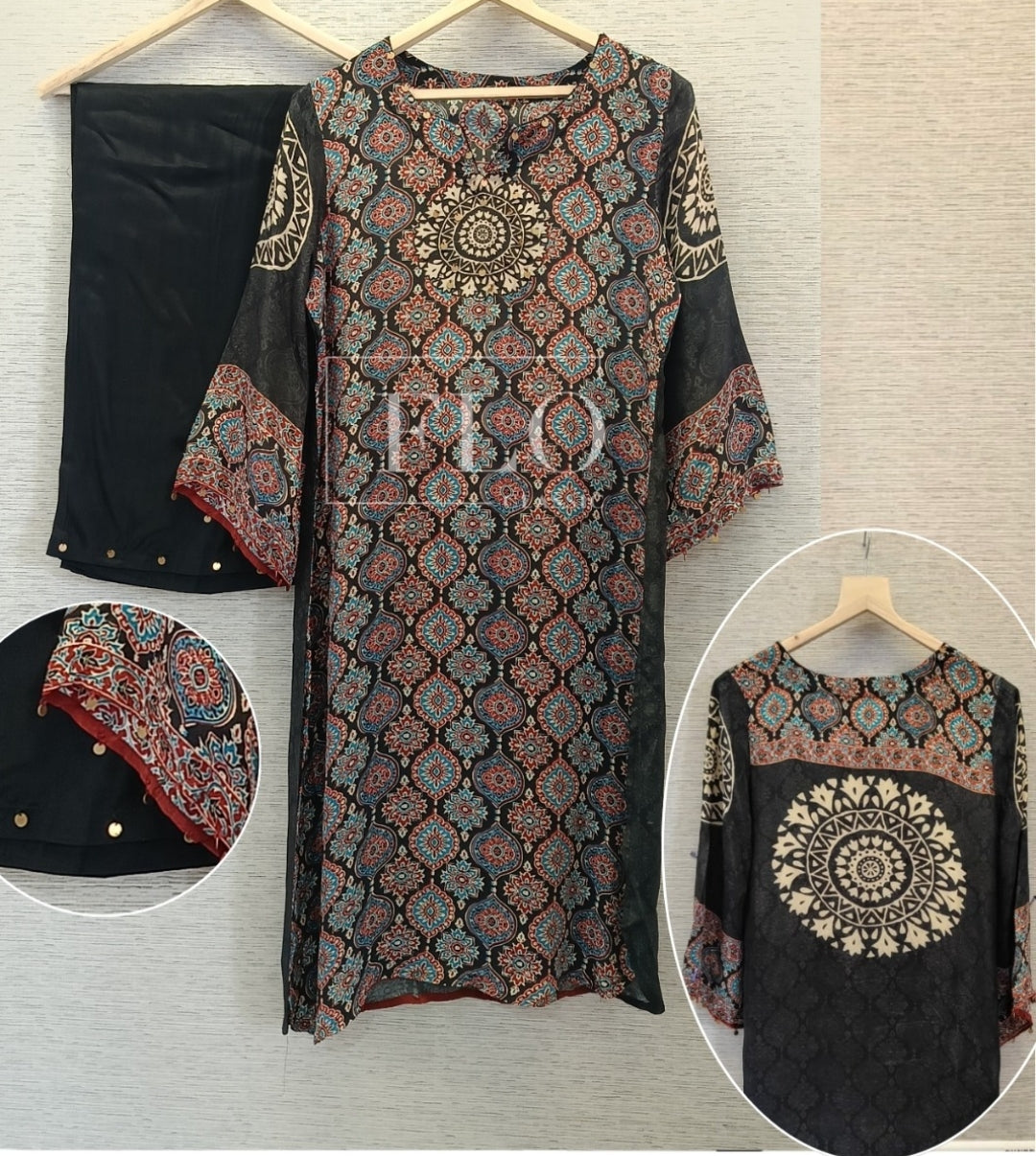 Pure crape Ajrakh print placement print smart two piece cordset (B919)