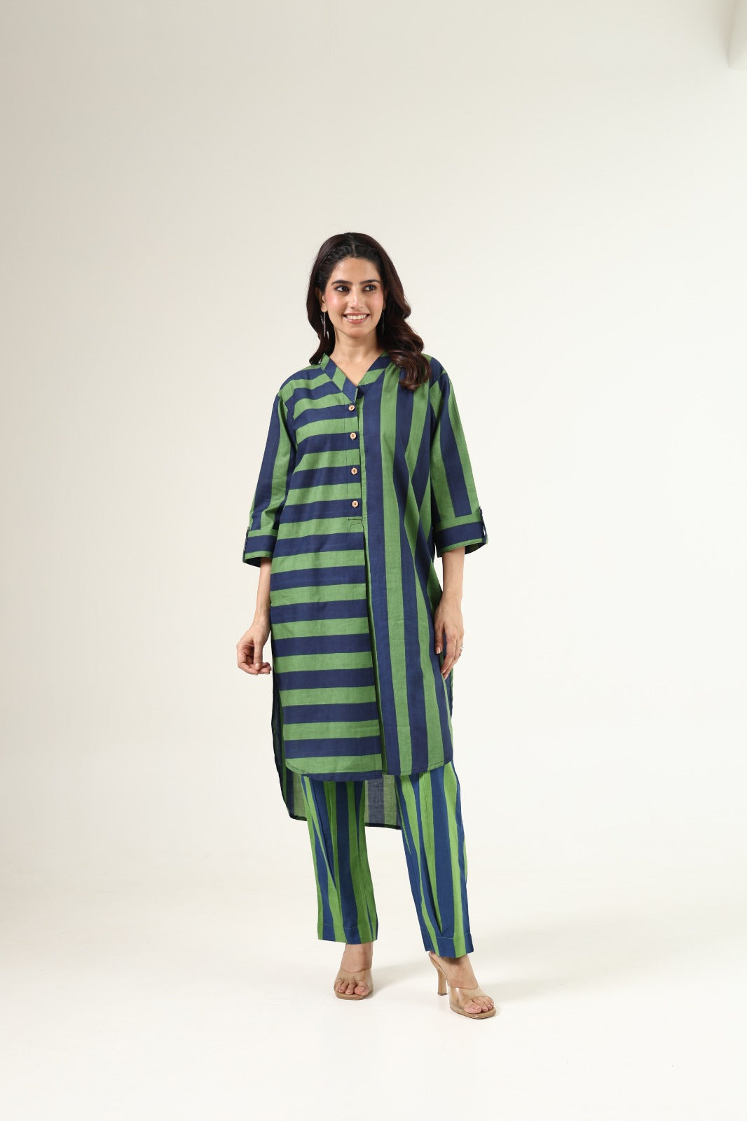 Blue with green pure cotton strips two piece cordset (A525)