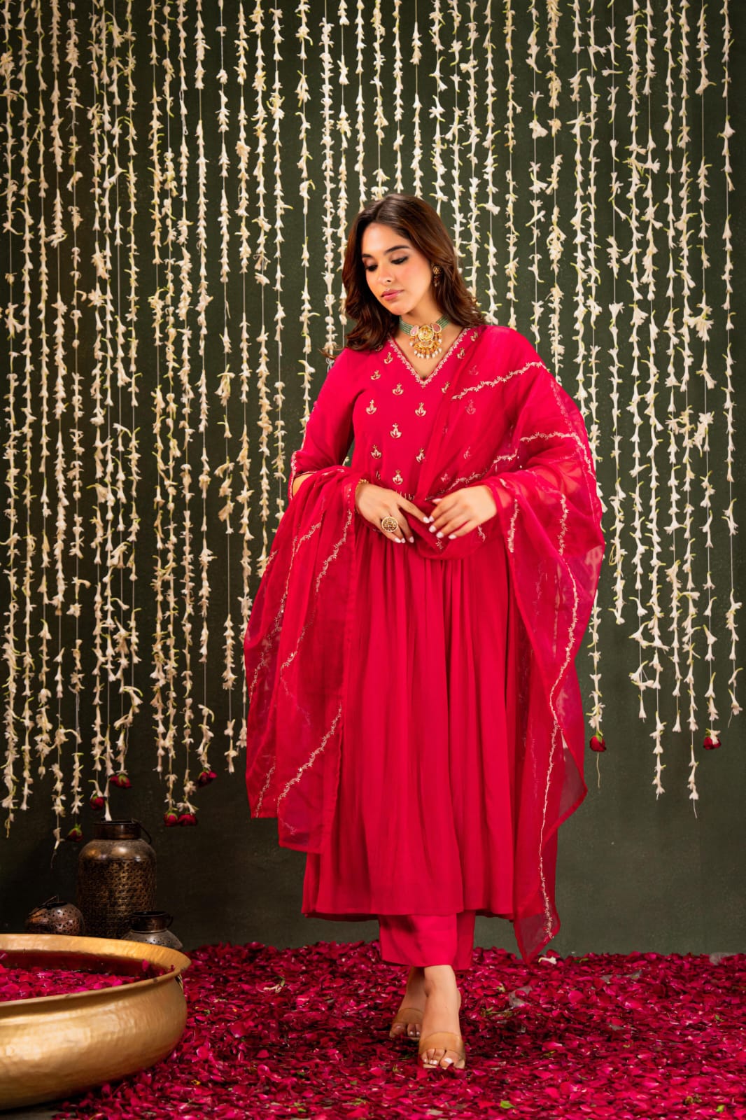 Bright pink crush mul chanderi with oraganza dupatta three piece set (A831)