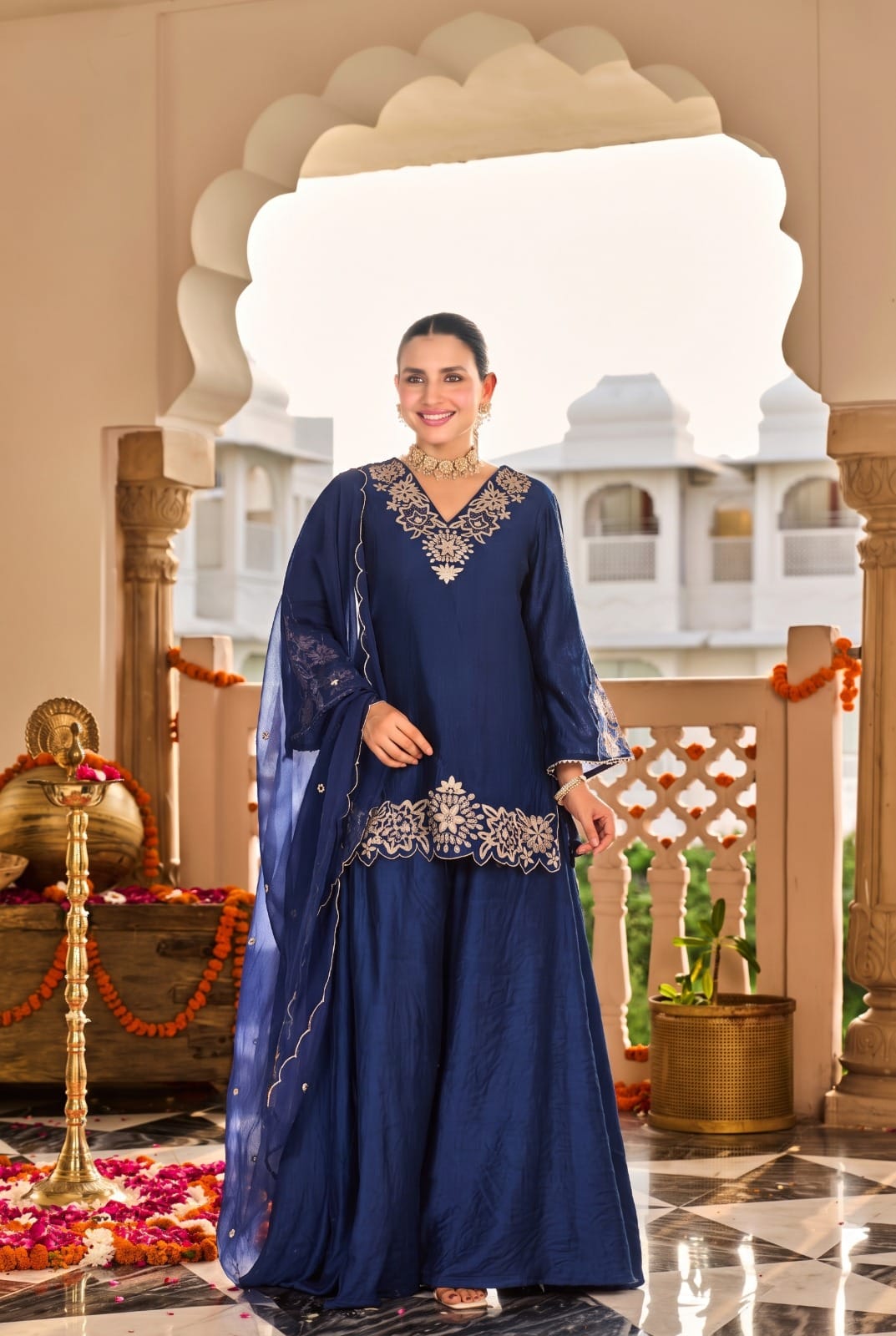 Santoori silk with wide flared plazo mul cotton lining three piece set (S437)