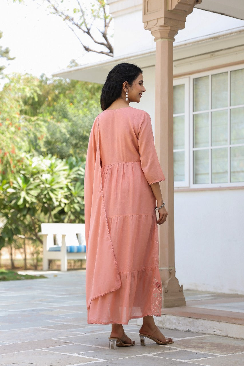 Peach pure mul cotton with full thread embroidery one piece gown with dupatta (P2007)