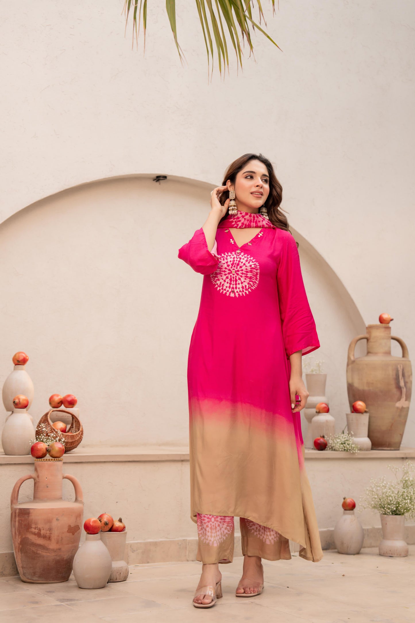 Magenta pure mul silk with block print designer three piece set (A464)