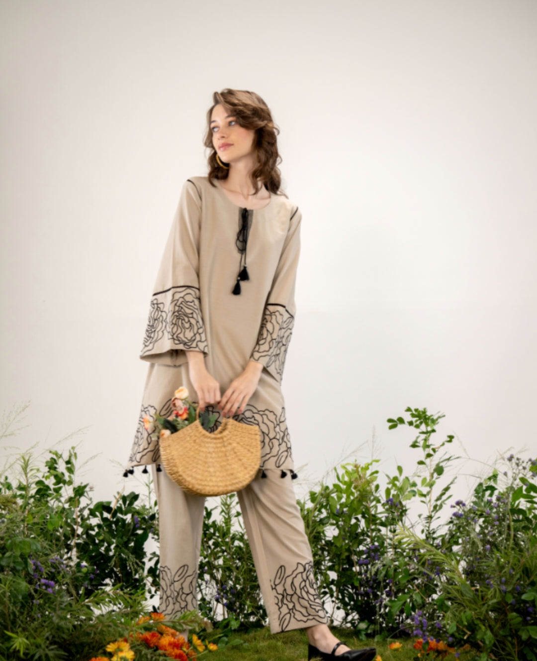 Light mud grey fully thread work designer two piece cordset (P1637)