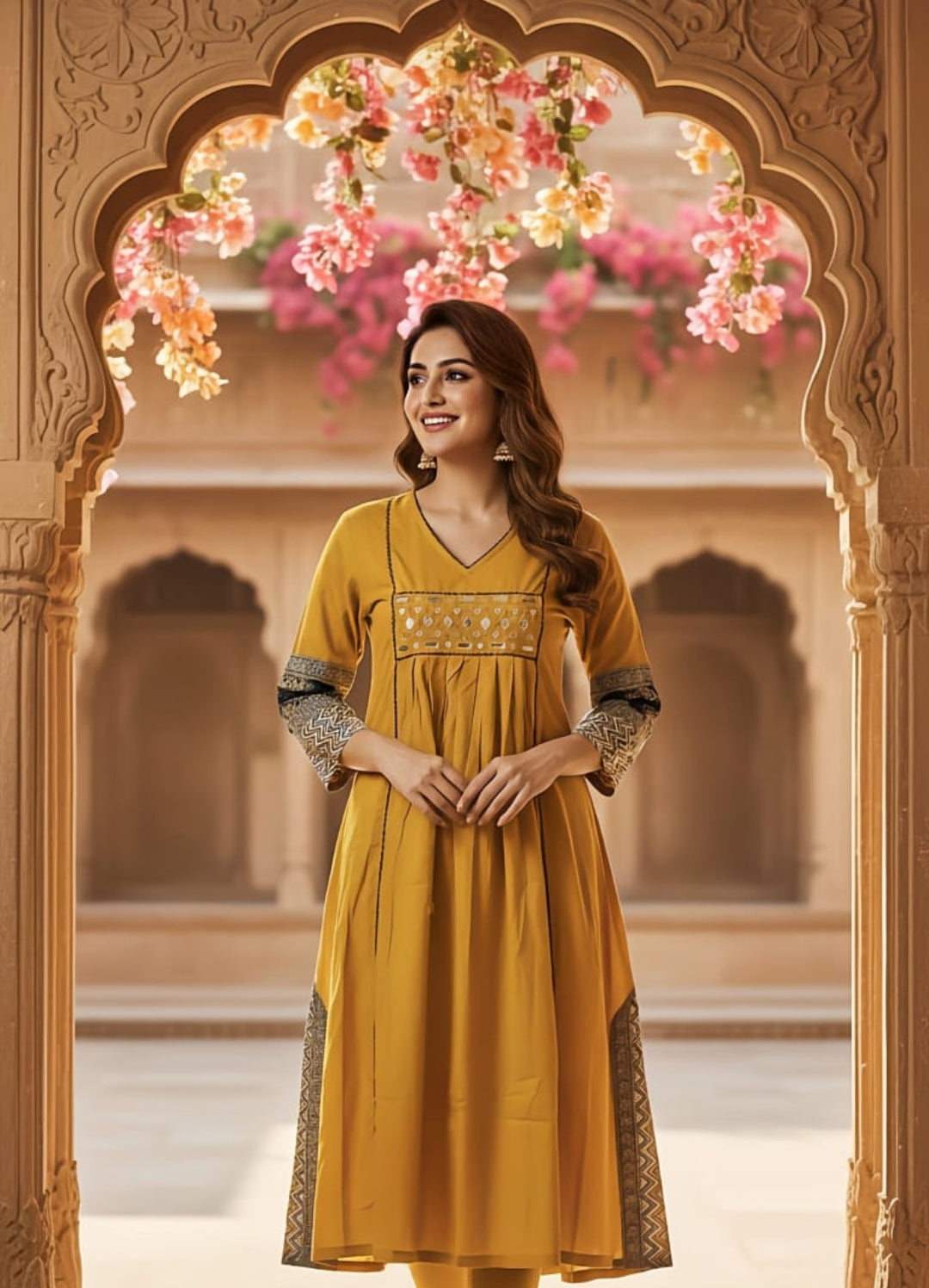 Yellow flared orginal ajrakh with real mirror work one piece dress style kurta (A1889)