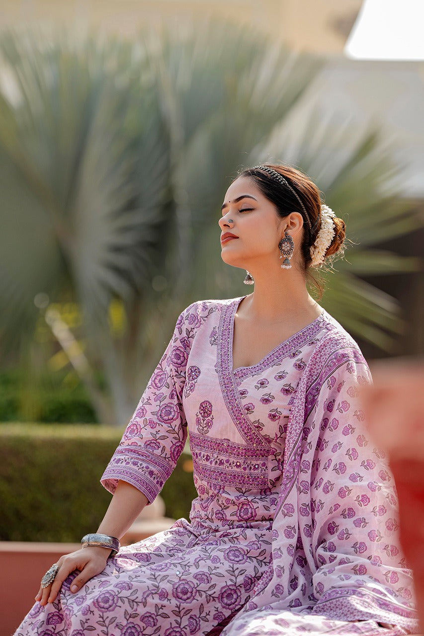 Lilac colour pure cotton mugal print three piece set (P2172)