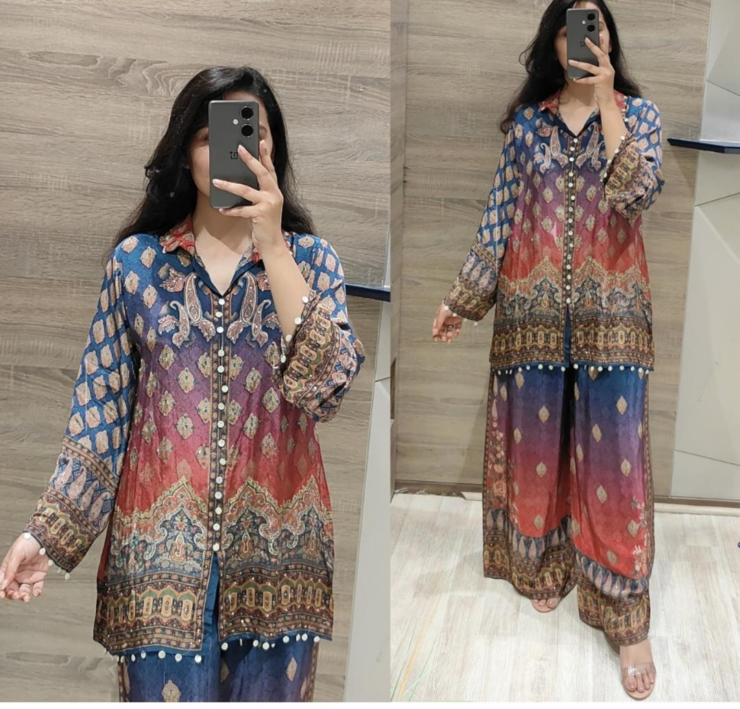 Blue with red pure crape silk two piece (A594)