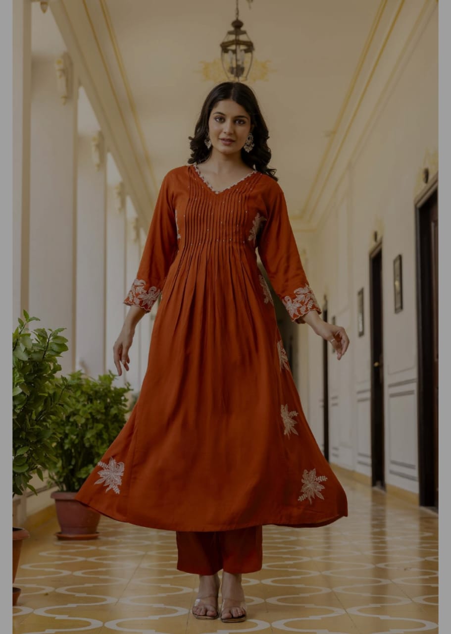 Bright orange thread work heavy cotton rayon three set(P2071)