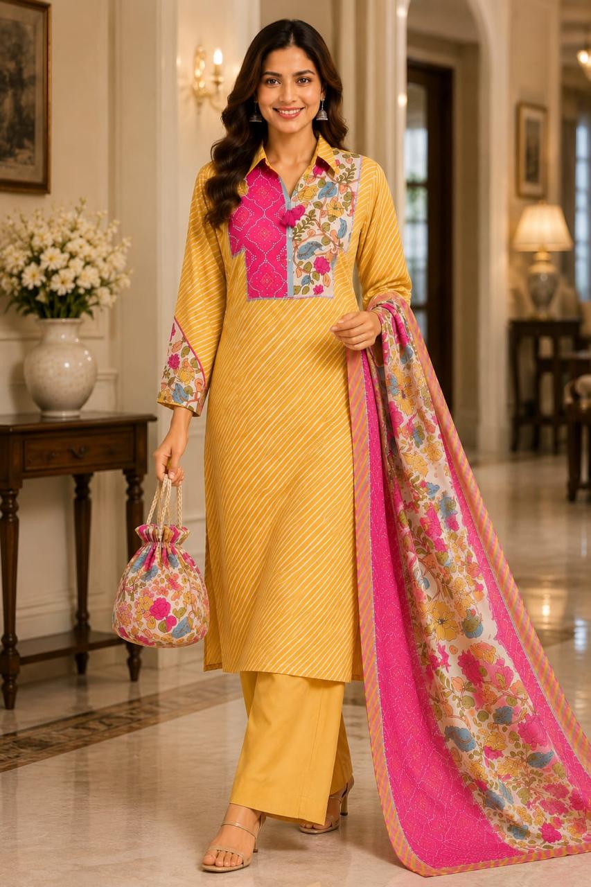 Pure muslin with kalamkari dupatta and potli too three piece set (C251)