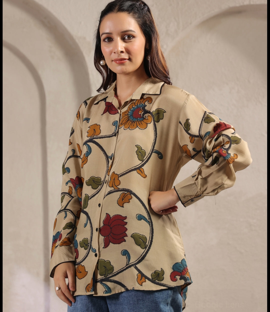 Ivory kalamkari shirt low high pattern (A961)