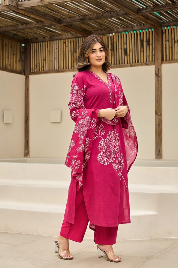 Bright pink pure cotton digital print three piece set (P2298)