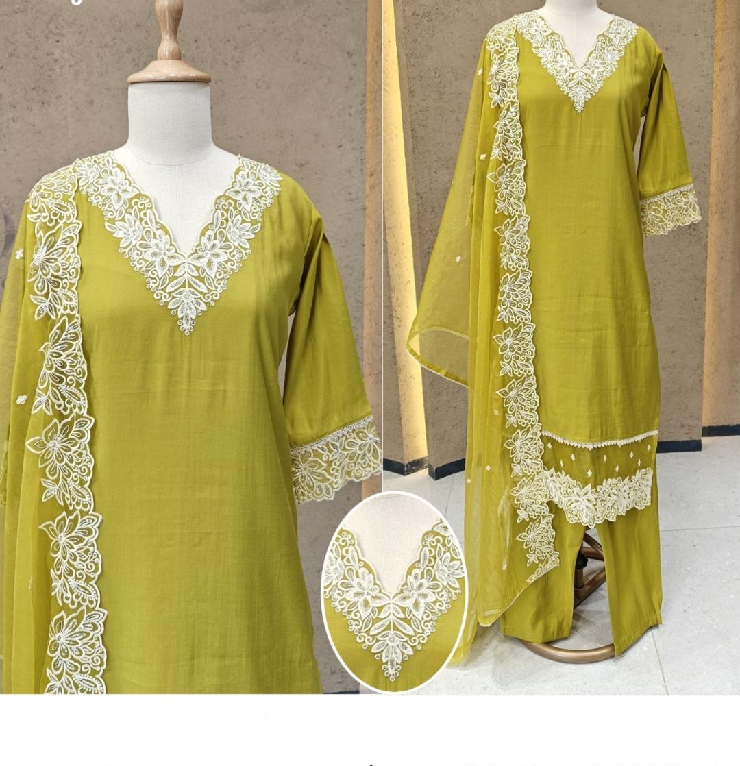 Mustred yellow fully embroidered with mul lining three piece set (A509)