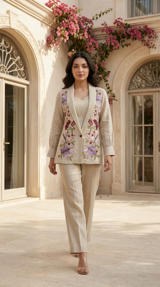 Smart jute linen fully embroidered with jute inner three piece set (B528)