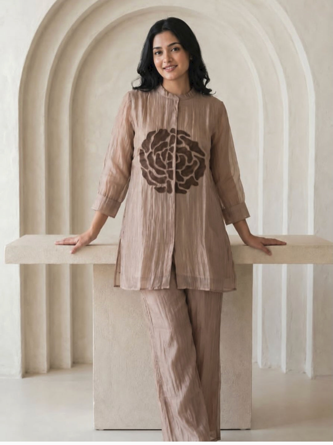 Rose gold glass crush organza with mul lining smart two piece cordset (B981)