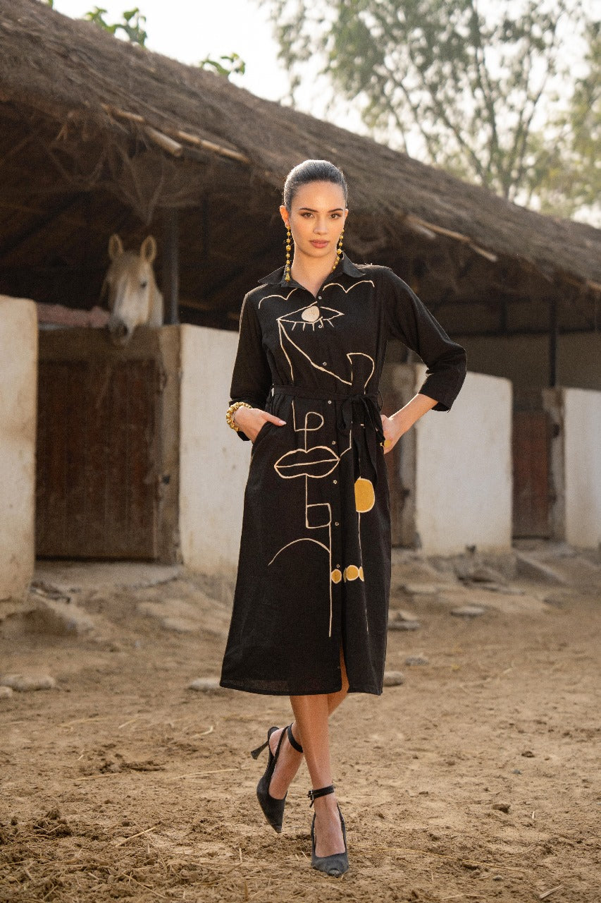 Black pure cotton smart one piece dress (P2100)