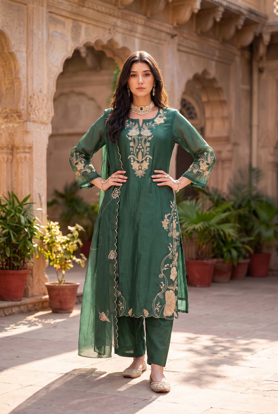 Pure banarasi mul chanderi with full thread work three piece set (S339)