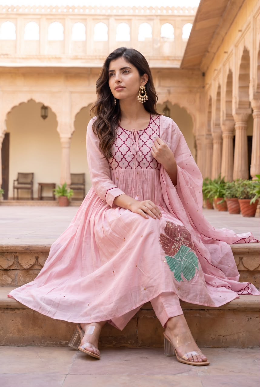 Pure mul chanderi with fully embroidered three piece set (C673)