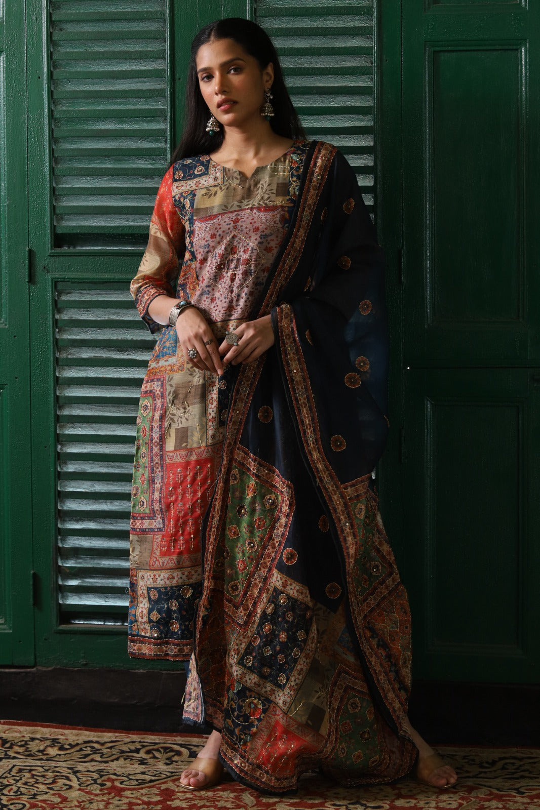 Blue chanderi with katha work three piece set (A485)