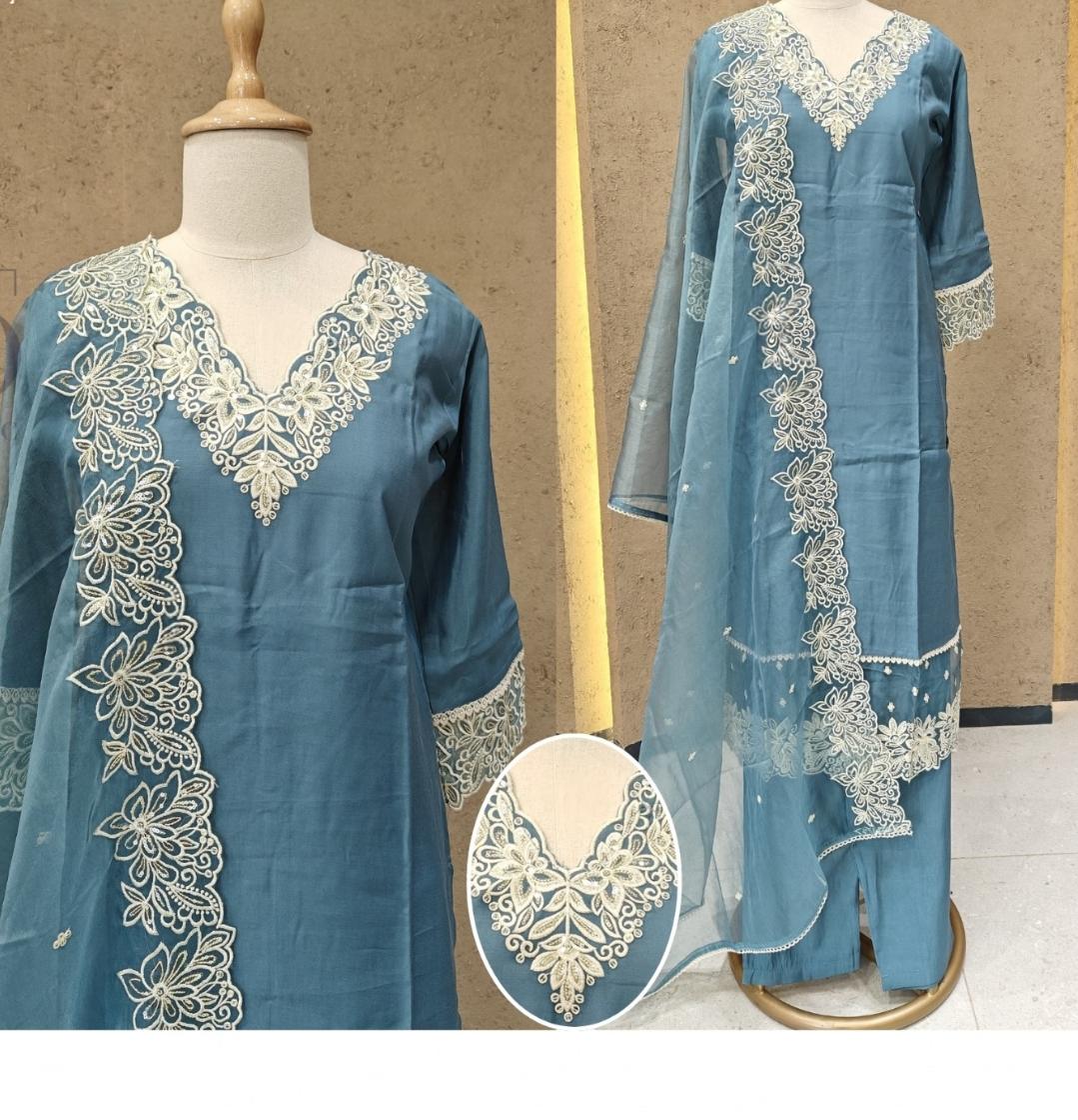 Powder blue fully embroidered with mul lining three piece set (A508)