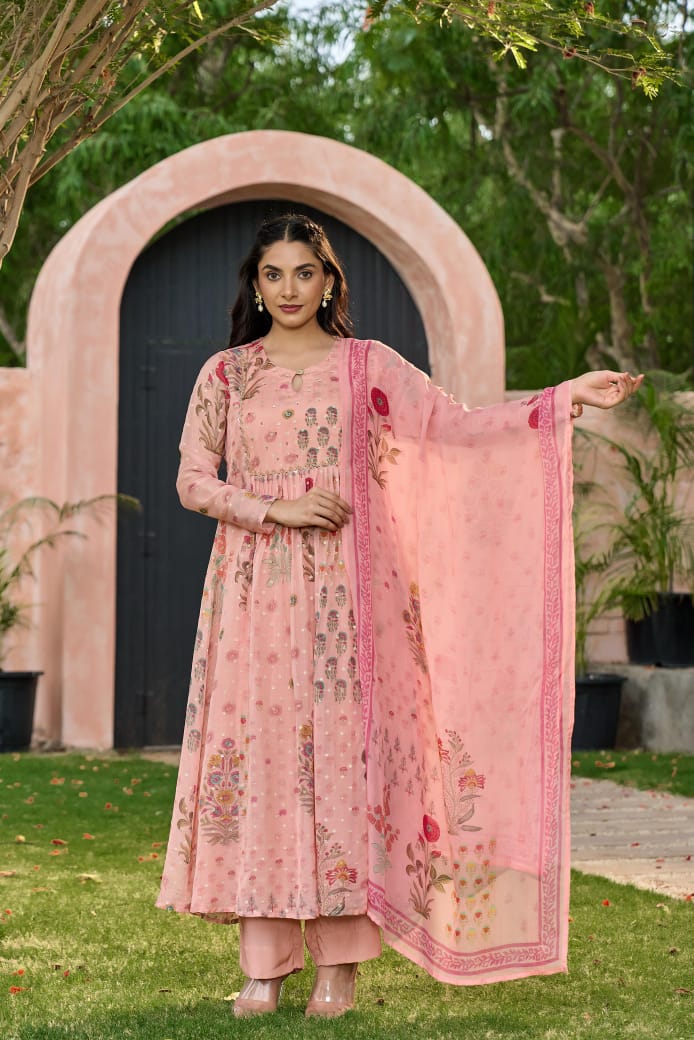 Pink oraganza with banarasi buti designer three piece set (A409)