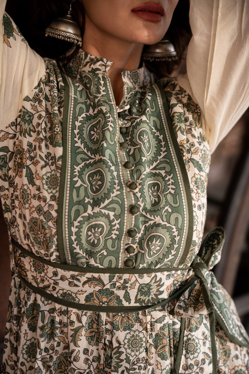 Sea green block print pure cotton with lining one piece dress