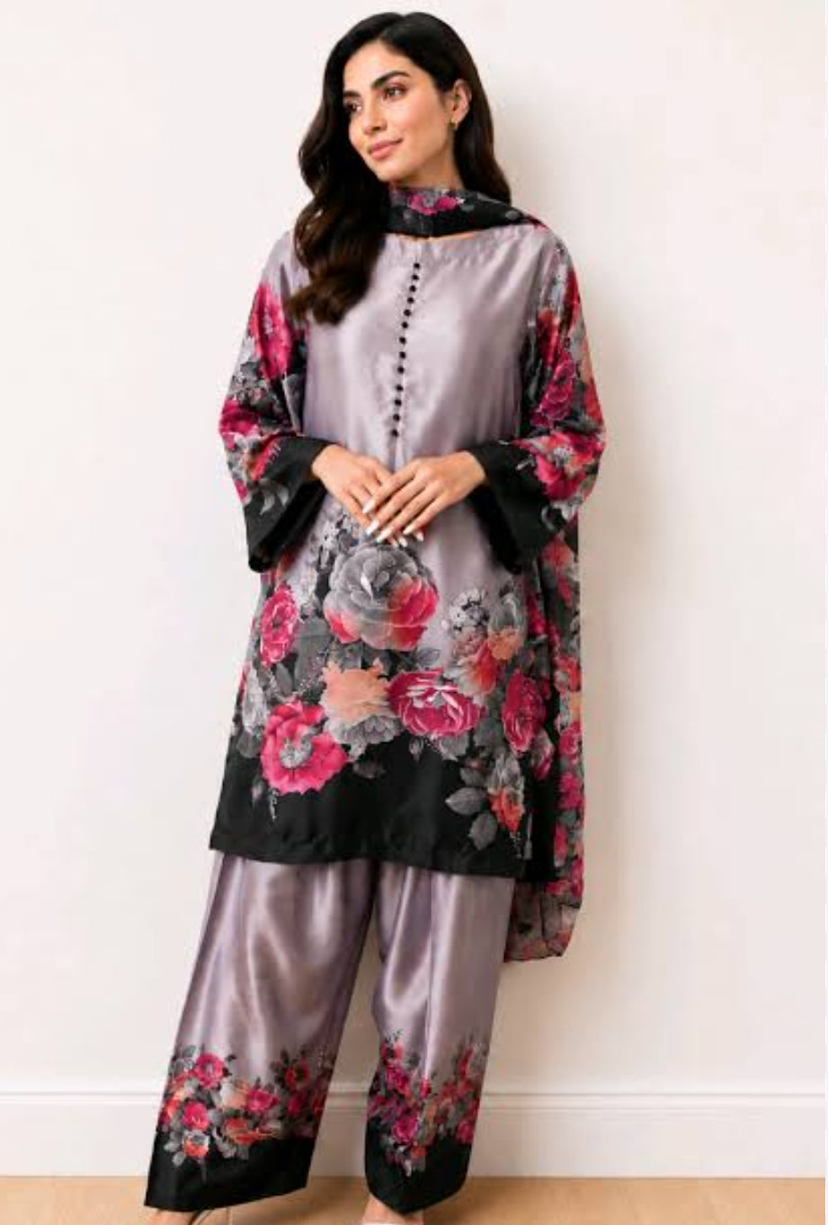 Satin crape smart farshi three piece set (S216)
